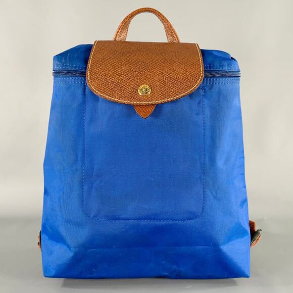LONGCHAMP Blue Brown Mixed Materials Nylon Leather Backpack Handbag - Picture 1 of 8